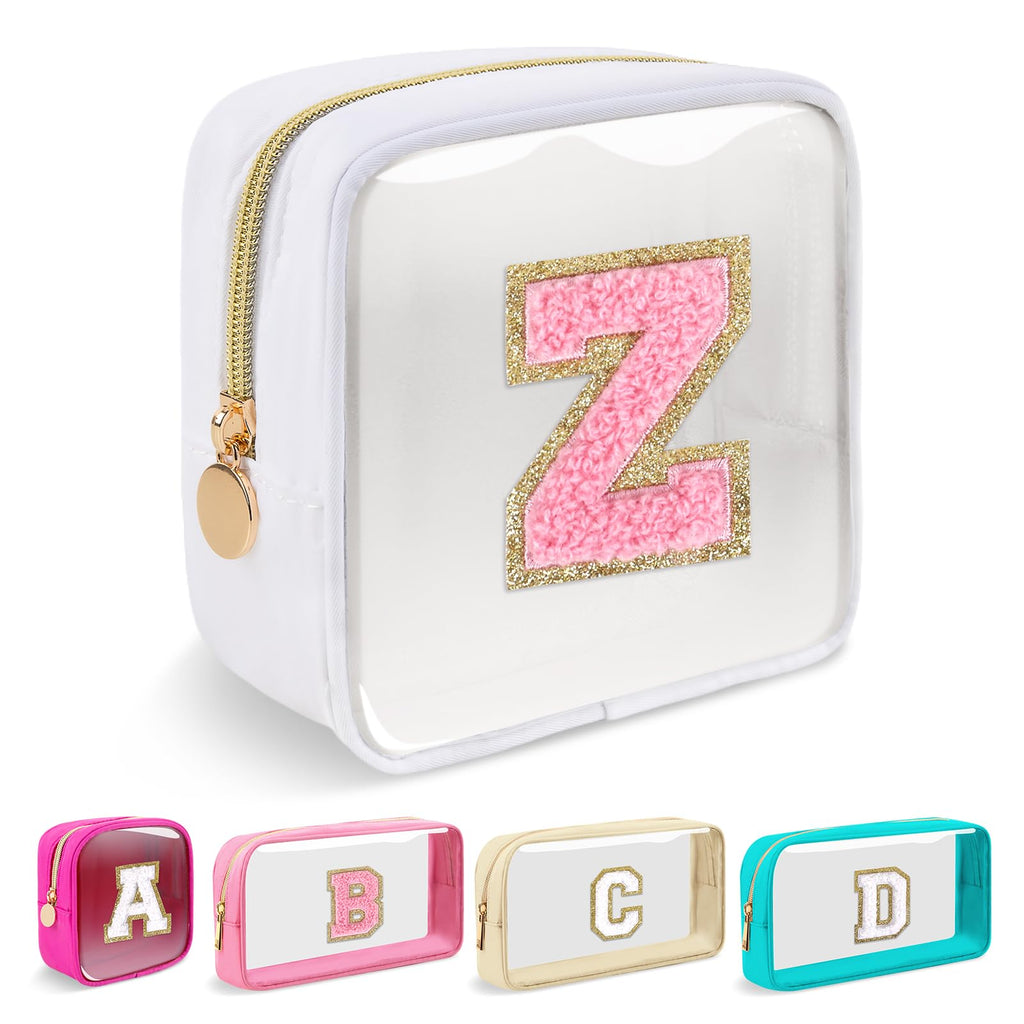 Iqimott Mini Clear Personalized Initial Makeup Bag, Small Preppy A-Z Chenille Letter Patch Cosmetic Pouch, Transparent PVC & Nylon Waterproof Zip Beach Toiletry Bag,Gift for Women Girls(White-Pink Z)