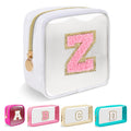 Iqimott Mini Clear Personalized Initial Makeup Bag, Small Preppy A-Z Chenille Letter Patch Cosmetic Pouch, Transparent PVC & Nylon Waterproof Zip Beach Toiletry Bag,Gift for Women Girls(White-Pink Z)