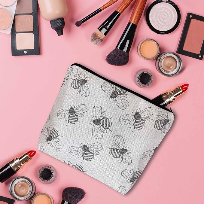 Kalygon Bumblebee Makeup Bag For Women, Adorable Cosmetic Bag Makeup Bags, Gray Animal Bee Bumblebees Zipper Bag Travel Bags Toiletry Organizers Pouch Bags Washing Bags For Gym Bathroom