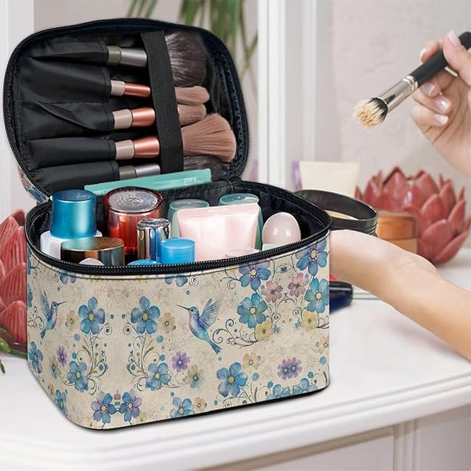 Drydeepin Blue Hummingbird Floral Pattern Travel Makeup Bags for Women Portable Tote Cosmetic Case with Carry Handle Toiletry Accessories Storage Organizer Bags