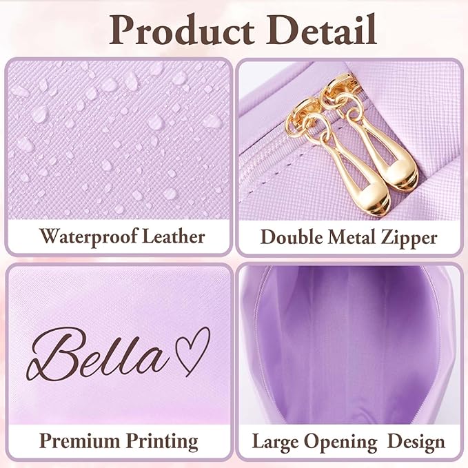 Fincekoom Personalized Makeup Bag with Name & Birth Flower, Custom Leather Cosmetic Bags for Women, Customized Travel Toiletry Bag Gifts for Bridesmaid Wedding