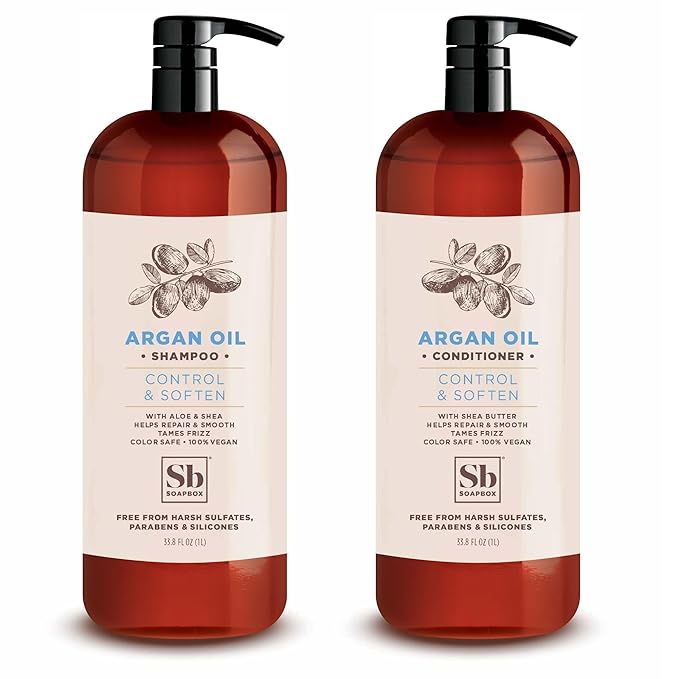 Soapbox Argan Oil & Vanilla Shampoo & Conditioner Set, Leaves Hair Smooth & Controls Frizz - Clean Ingredients Free of Harsh Chemicals, Sulfates, Parabens & Silicones - 1 Liter Each