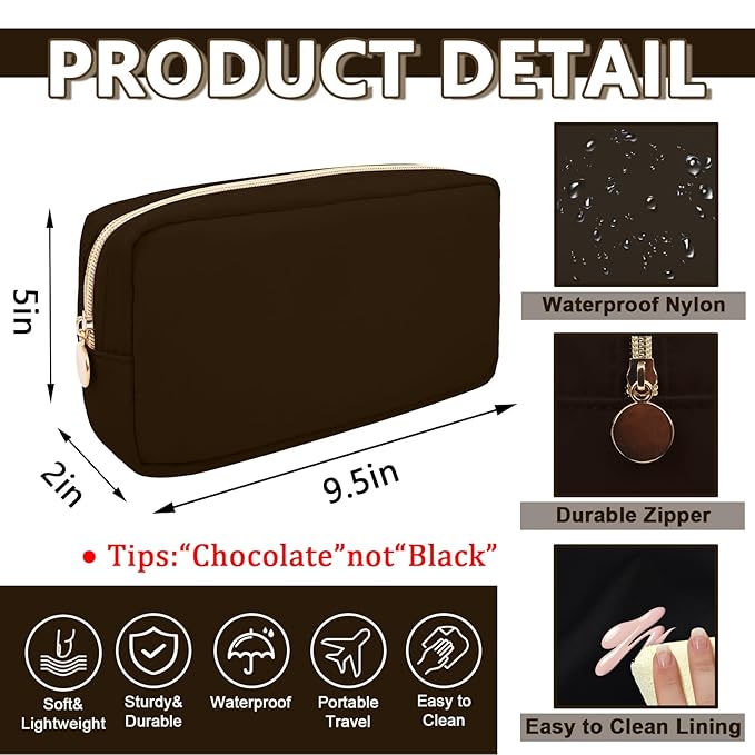 UIXIZQ Small Makeup Pouch for Purse, Nylon Travel Toiletry Storage Pouch Cute Preppy Cosmetic Bag for Women Girls, Waterproof Makeup Organizer Skincare Bag Purse with Zipper (Small-Chocolate)