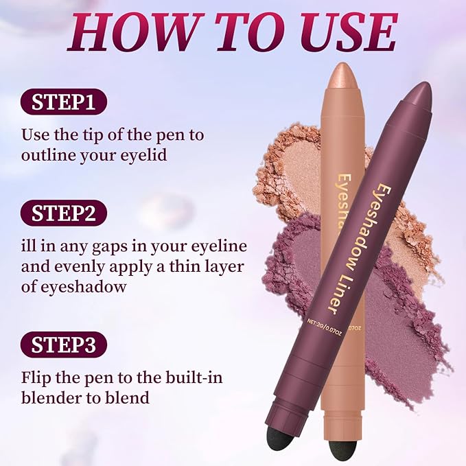 GuemGeld Shadow Liner 2in 1 Eyeliner Eyeshadow,Shadow Liner Duo Plum,2-in-1 Eye Makeup Eyeliner +Eyeshadow,Waterproof,Smooth,Easy to Color(Champagne+Purple)