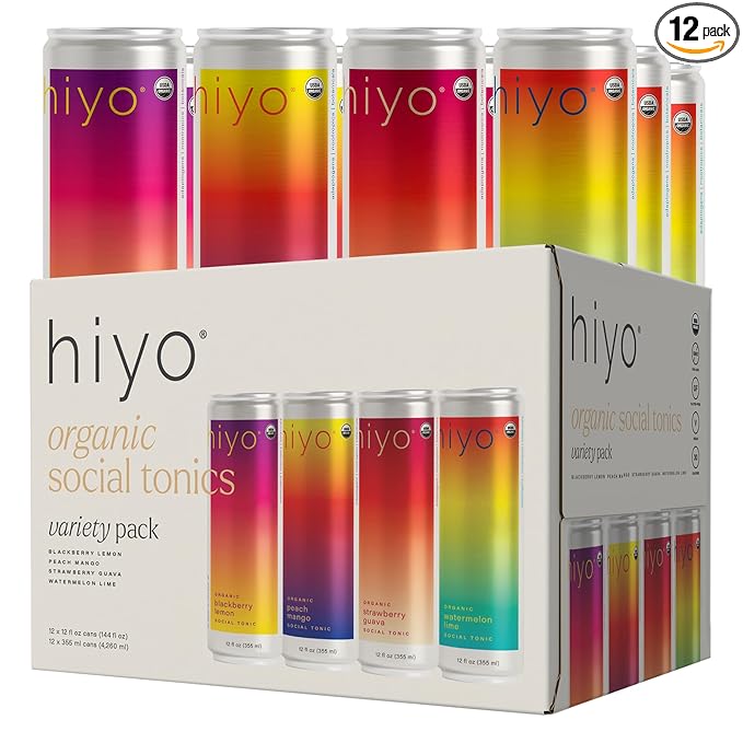 Hiyo Organic Social Tonic – Classic Pack, 12 Pack - Non-Alcoholic Functional Seltzer, Flavored Sparkling Water Crafted with Organic Adaptogens, Nootropics & Botanicals