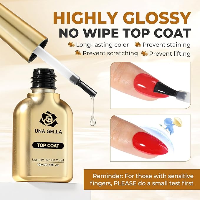 UNA GELLA No Wipe Gel Top Coat Base Coat Set, 2PCS Highly Glossy Top Coat Gel Nail Polish Strengthen and Acid-Free Clear Nail Base Soak Off, Key to Manicure for Her (U V Cure Need)