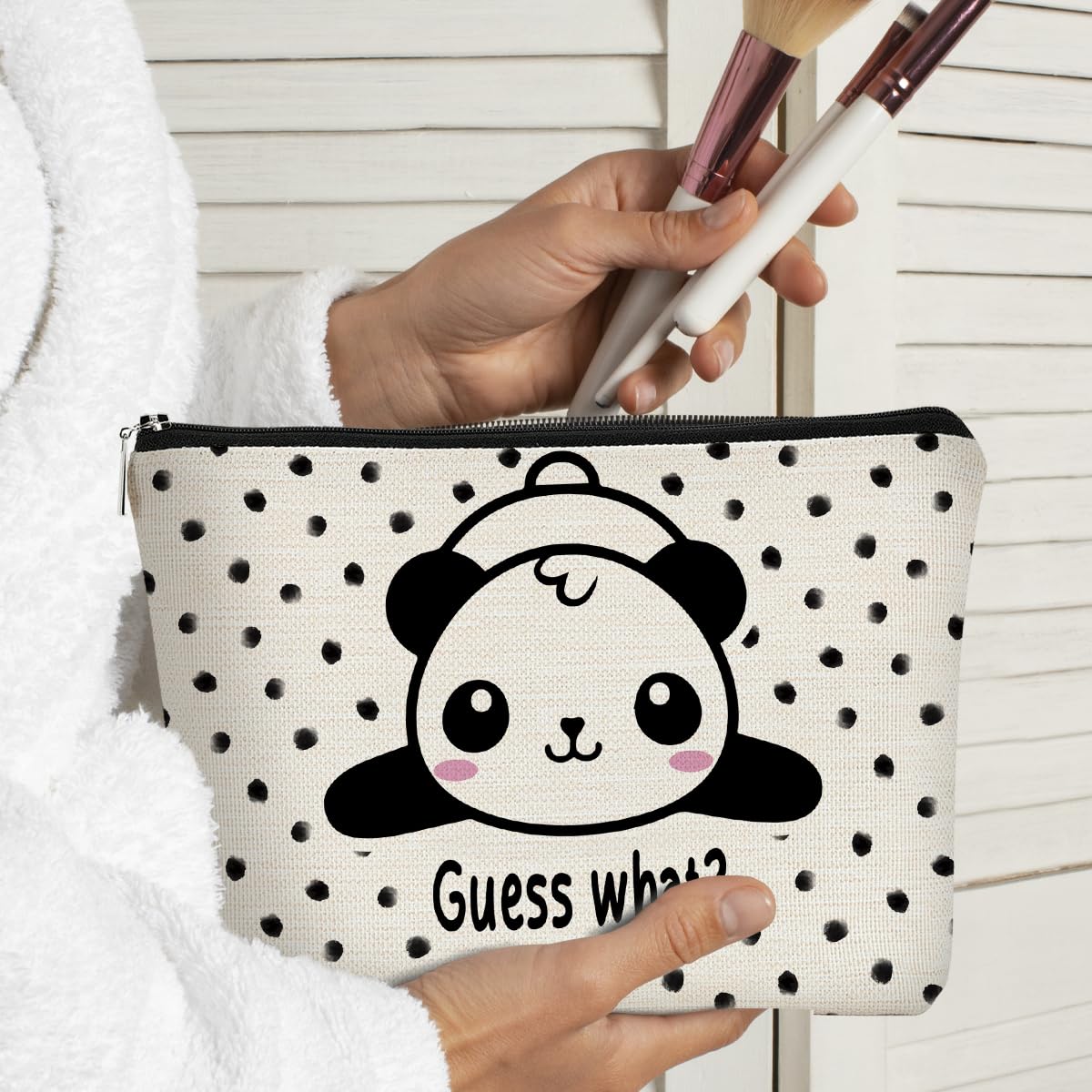 BARPERY Panda Gifts Makeup Bag for Women Girls - Cute Baby Panda 'Guess What It's Pug Butt' Cosmetic Case for Teens Daughter - Accessories (Black and White Dots 1)