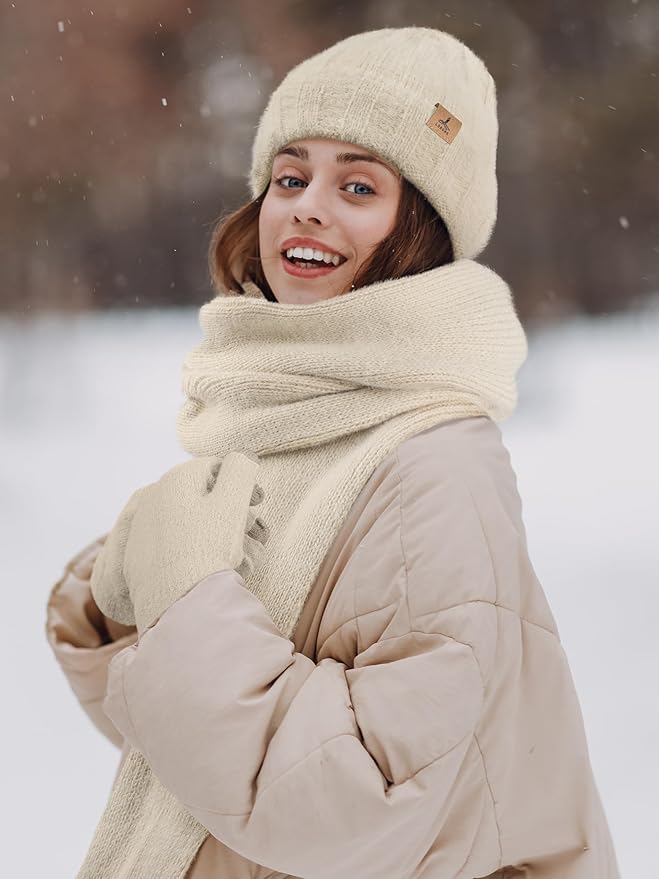 LOROME Winter Beanie Hat Gloves Scarf, Cashmere Hat Gloves Scarf Set Women