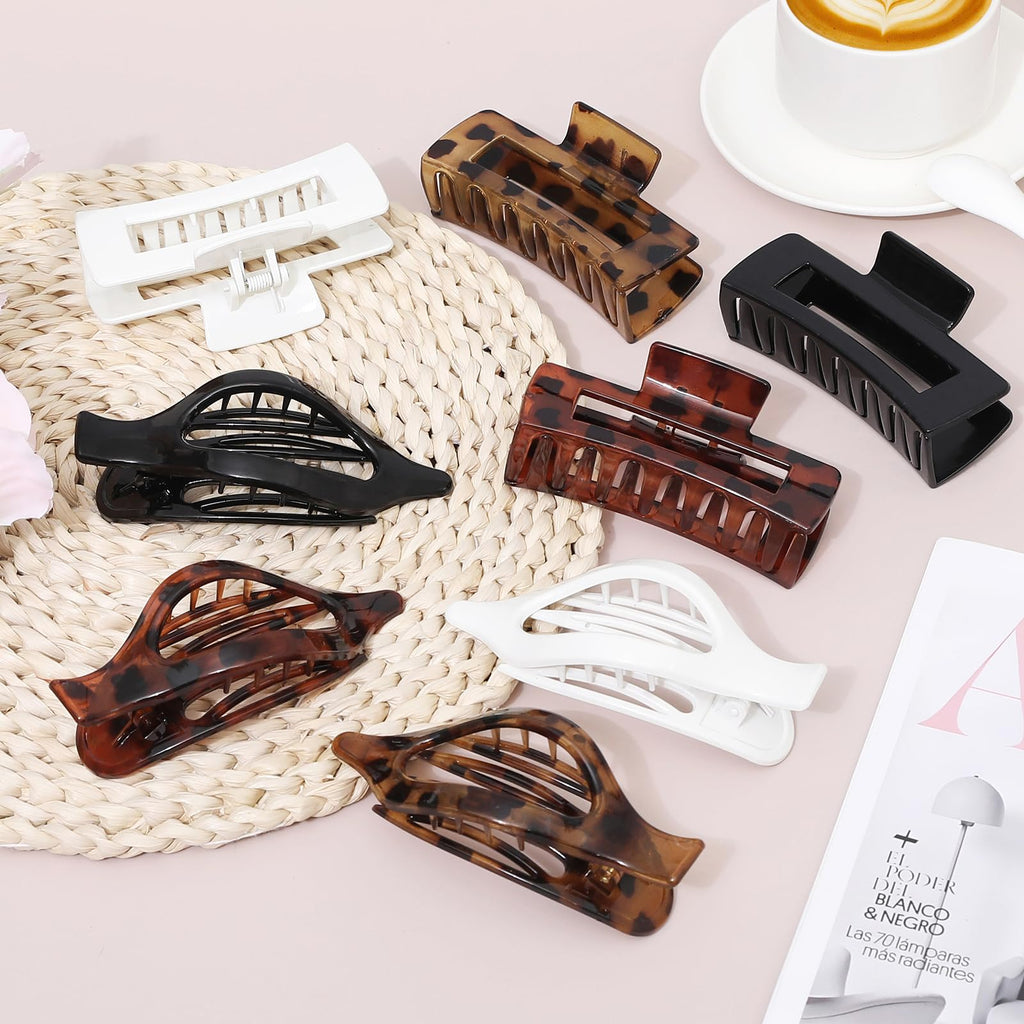 Hair Clips for Women 4.3 Inch Large Hair Claw Clips 8 pcs Square Claw Clips & Flat Hair Clips for Thick or Thin Hair French Concord Hair Barrettes Alligator Hair Accessories for Women (Leopard)