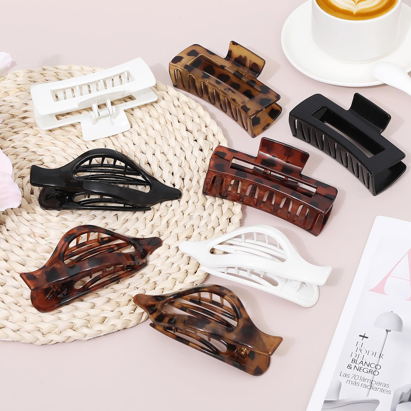 Hair Clips for Women 4.3 Inch Large Hair Claw Clips 8 pcs Square Claw Clips & Flat Hair Clips for Thick or Thin Hair French Concord Hair Barrettes Alligator Hair Accessories for Women (Leopard)