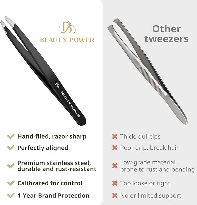 Beauty Power Tweezers for Women Facial Hair: Ultra Precision Tweezers for Women & Men, Sharp Slant Tweezer for Eyebrows, Ingrown Hair Removal. Professional Plucker + Case, German Stainless Steel Black