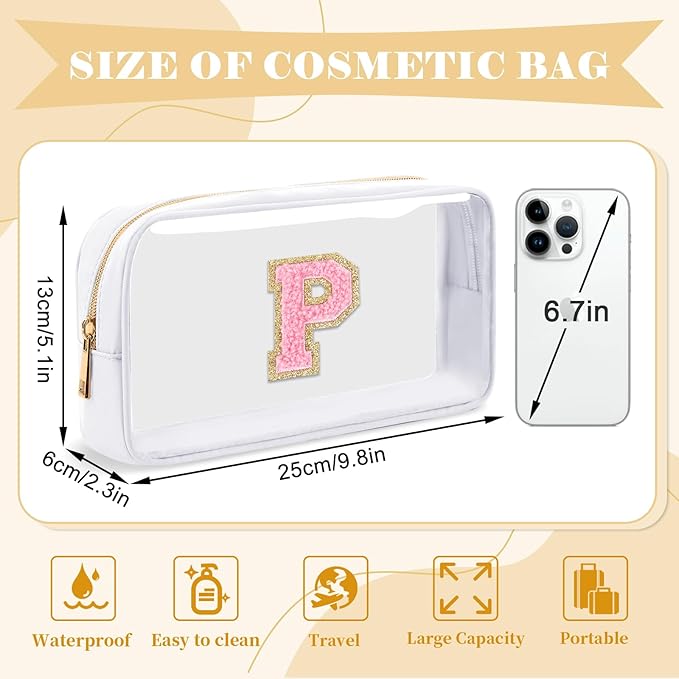 UIXIZQ Personalized Initial Letter Clear Makeup Bag,Preppy Small Nylon&PVC Cosmetic Zipper Bag with Chenille Letter,Travel Skincare Toiletry Bag,Monogram Christmas Gift for Teen Girls Women,P