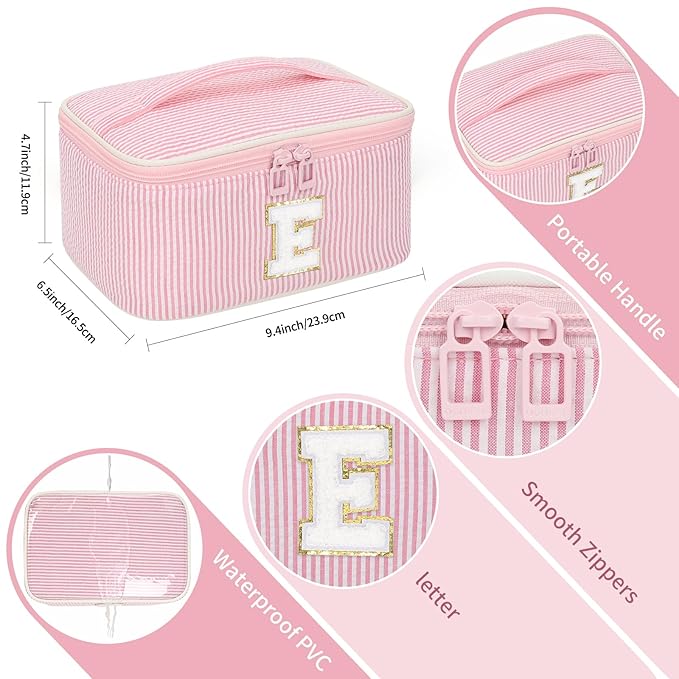 OCHEAL Makeup Bag for Women, Monogram Cosmetic Bag Pink Travel Makeup Case Beauty Toiletry Bag Organizer Personalized Gifts for Girls Bridesmaid, Sister, Wife, Friends Initial E