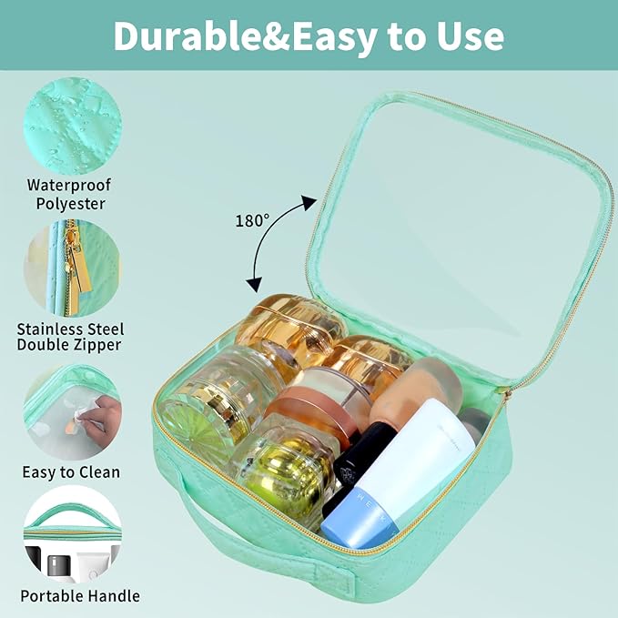 FAYORORY TSA Approved Travel Toiletry Bag,2 Pack Clear Makeup Bags with Handles,Quart Size Clear Cosmetic Bags for Traveling Women,Men,Carry on Airport Airline Compliant Bag,Green