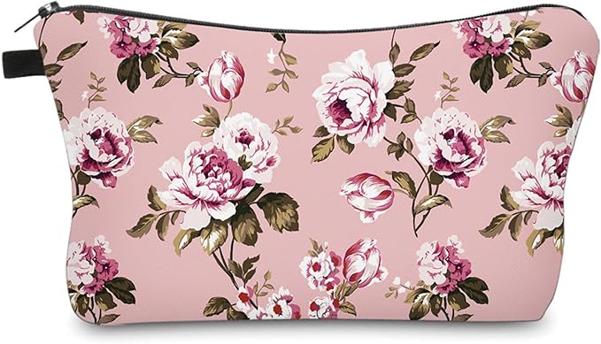 Aiphamy Cute Travel Makeup Bag Cosmetic Bag Small Pouch Gift for Women (Flowers Blush Pink)