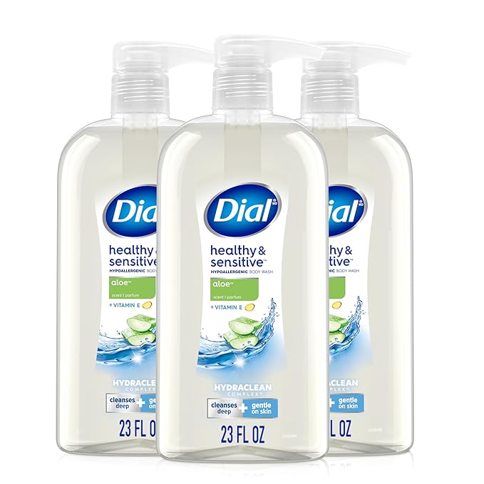 Dial Body Wash, Healthy & Sensitive Aloe, 23 Fl Oz (Pack of 3), Hydraclean Complex & Vitamin E, Gentle, Leaves Skin Feeling Nourished, Dermatologist-Tested, No Parabens & Silicones