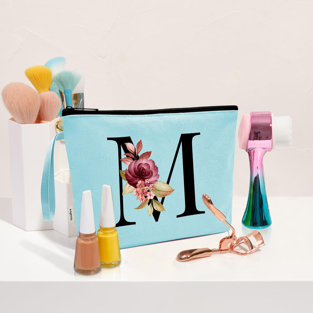 Vavabox A-Z Personalized Makeup Bag, Birthday Gifts for Women Mom, Gifts for Best Friend, Bride Bridesmaid Cosmetic bag (M, Aqua)