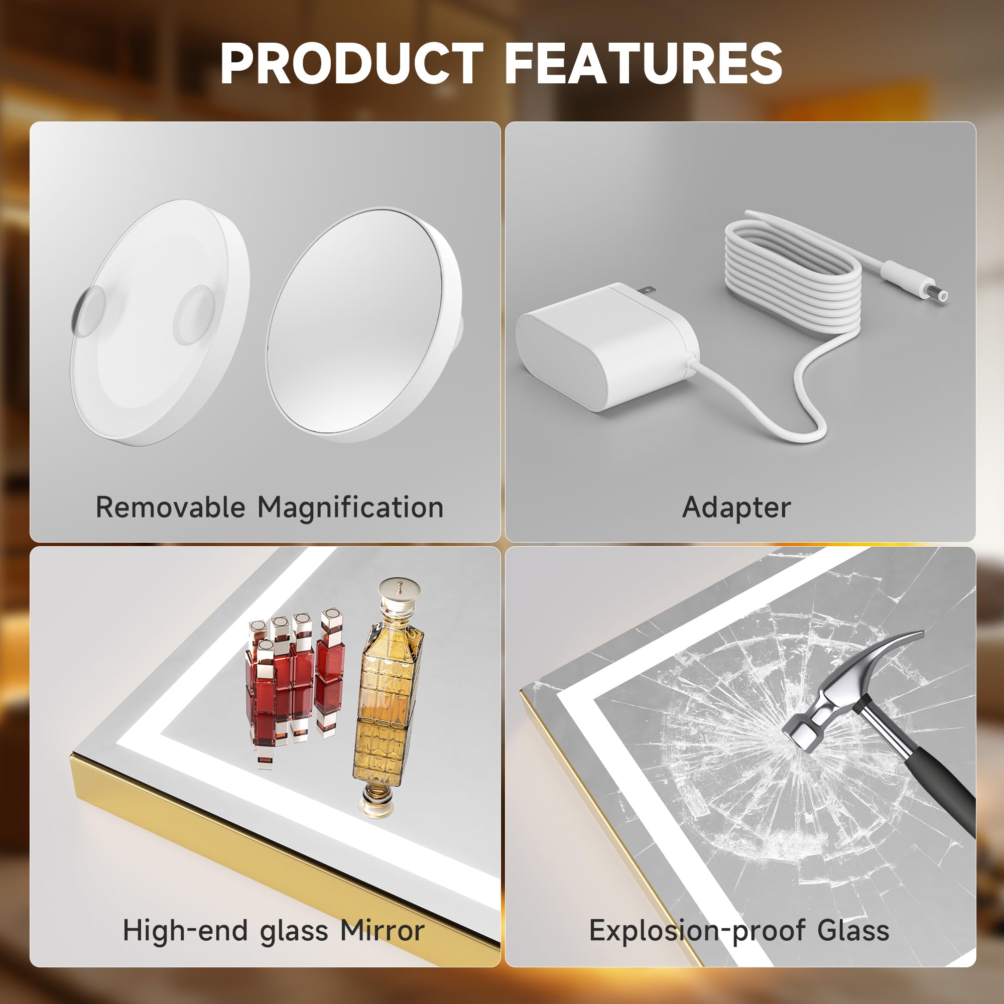 Hasipu Vanity Mirror with Lights, 40" x 30" LED Makeup Mirror, Lighted Makeup Mirror with Dimmable 3 Modes, Touch Screen Control Vanity Mirror Square Gold