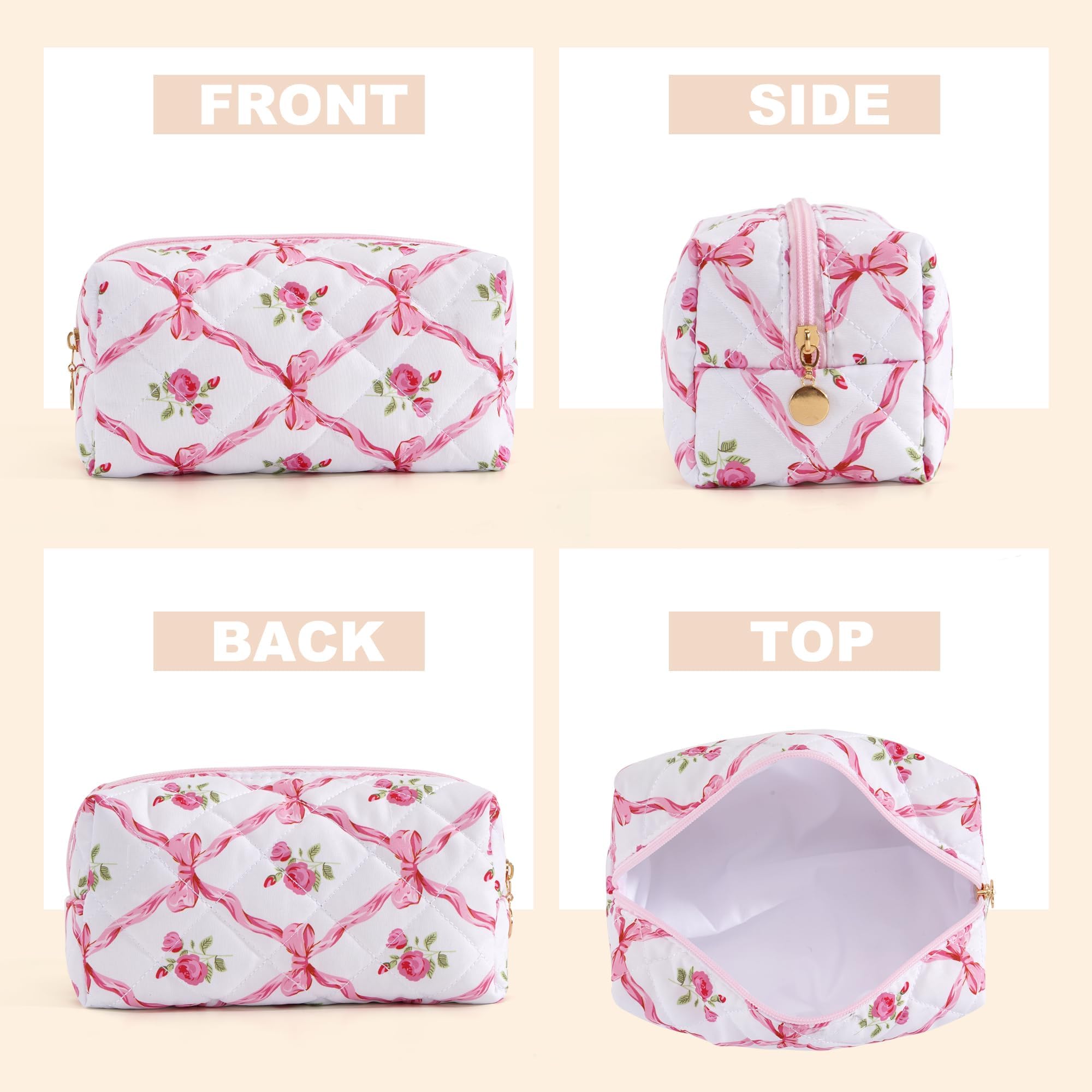 UUYUUY Makeup Bag Travel Toiletry Bag for Women, Small Cosmetic Bags Cute Quilted Cotton Makeup Pouch for Purse Emergency Bag Floral Pencil Case Accessory Bag, Bow and Floral