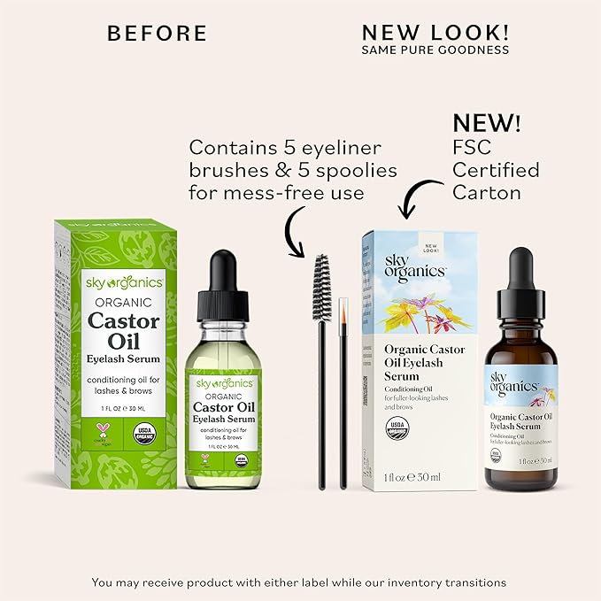 Sky Organics USDA Organic Castor Oil Eyelash Serum 1 fl oz, Glass Bottle