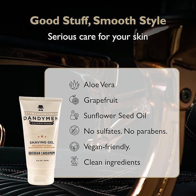 DandyMen Clear Shaving Gel for Men – Precision Edge with Pro-Vitamin B5 – Non-Foaming & Hydrating for Sensitive Skin – Obsidian Cardamom, 5 oz