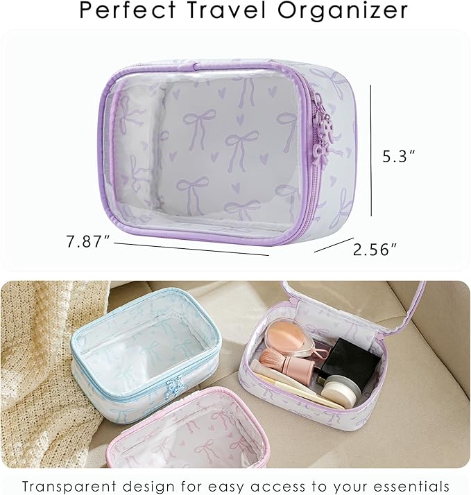 RSRSLEII Cute Clear Makeup Bag with Bow Pattern,Transparent Nylon Travel Cosmetic Case with Zipper,Portable Makeup Organizer Pouch for Essentials(03Purple)