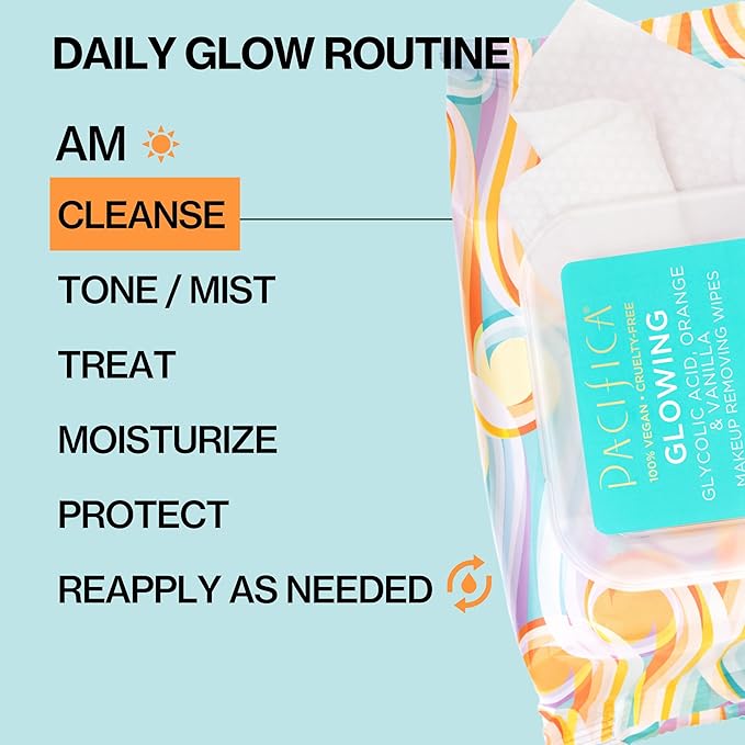 Pacifica Vegan Face Cleansing Wipes, Makeup Remover Wipes w/Glycolic Acid, Aloe Vera & Coconut Water Exfoliating & Hydrating Facial Towelettes for All Skin Types (120 Count) Clean Beauty Cruelty-Free
