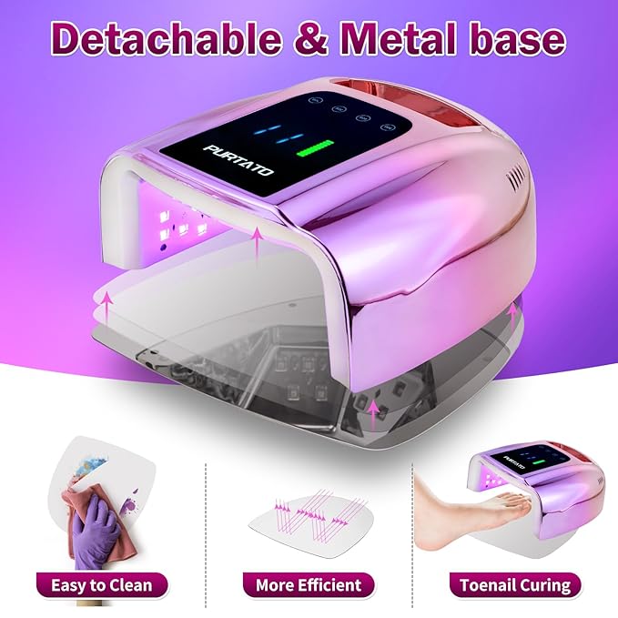 Purtato Professional Rechargeable 96W UV LED Portable Cordless UV Light for Nail Lamp Machine with Removable Stainless Steel Bottom,4 Timer Setting and Smart Sensor Nail Dryer (Gradient Purple)
