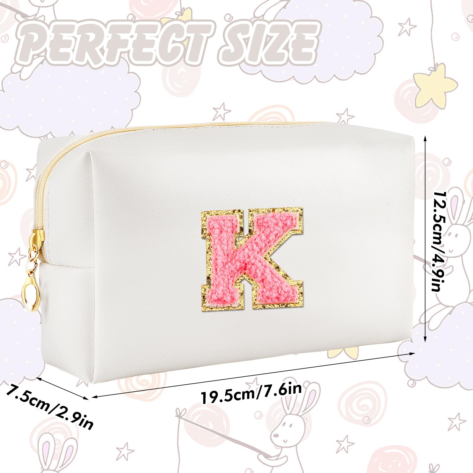 URSKYTOUS Initial Makeup Bag Personalized Preppy Travel Small Cosmetic Bag Cute PU White Chenille Letter Makeup Pouch for Purse Waterproof Zippered Toiletry Organizer for Women Girls Kids Friends (K)