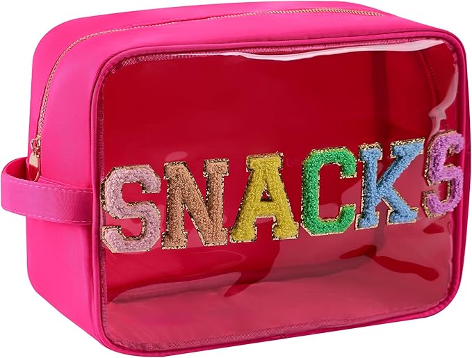 YogoRun Snack Bags Clear Makeup Bag Large Suncreen Bag Travel Toiletry Bag Chenille Glitter Nylon Cosmetic Pouch (XL, Hot Pink-Snacks)