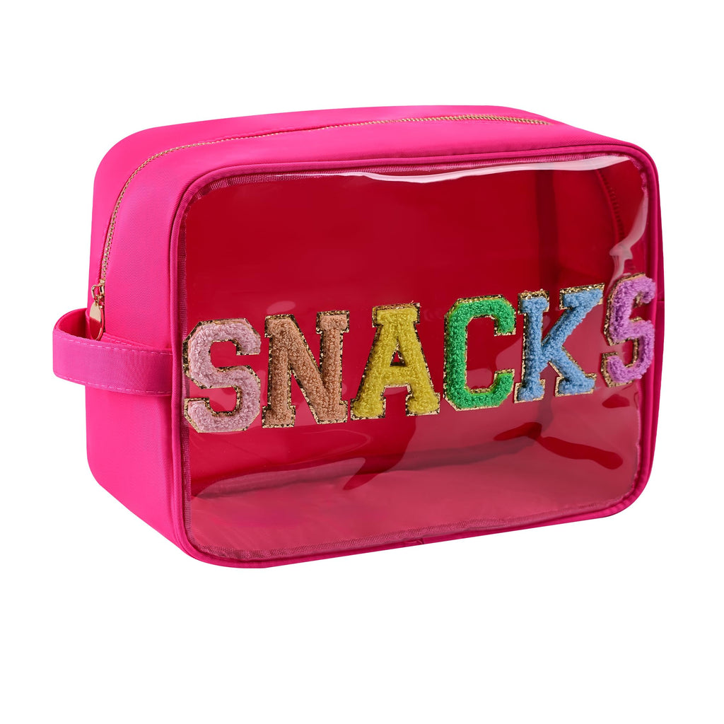 YogoRun Snack Bags Clear Makeup Bag Large Suncreen Bag Travel Toiletry Bag Chenille Glitter Nylon Cosmetic Pouch (XL, Hot Pink-Snacks)