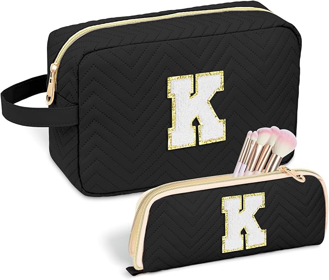 Sernaxi Personalized Initial Makeup Bag Waterproof Leather Cosmetic Bag Travel Toiletry Bag, Valentine’s Day Gift Makeup Organizer Case & Makeup Pouch for Women Teen Girls Mom Girlfriend Wife