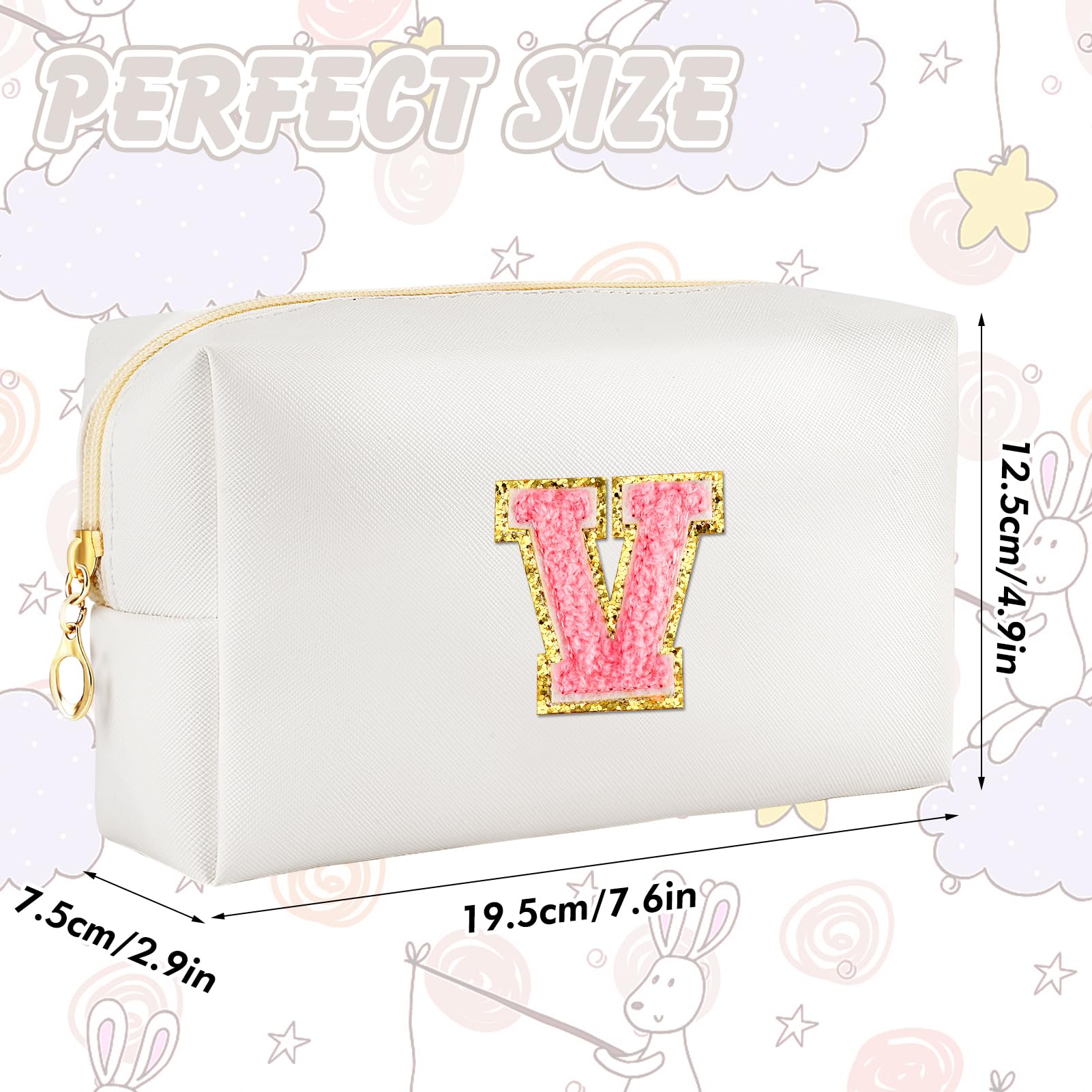 URSKYTOUS Initial Makeup Bag Personalized Preppy Travel Small Cosmetic Bag Cute PU White Chenille Letter Makeup Pouch for Purse Waterproof Zippered Toiletry Organizer for Women Girls Kids Friends (V)
