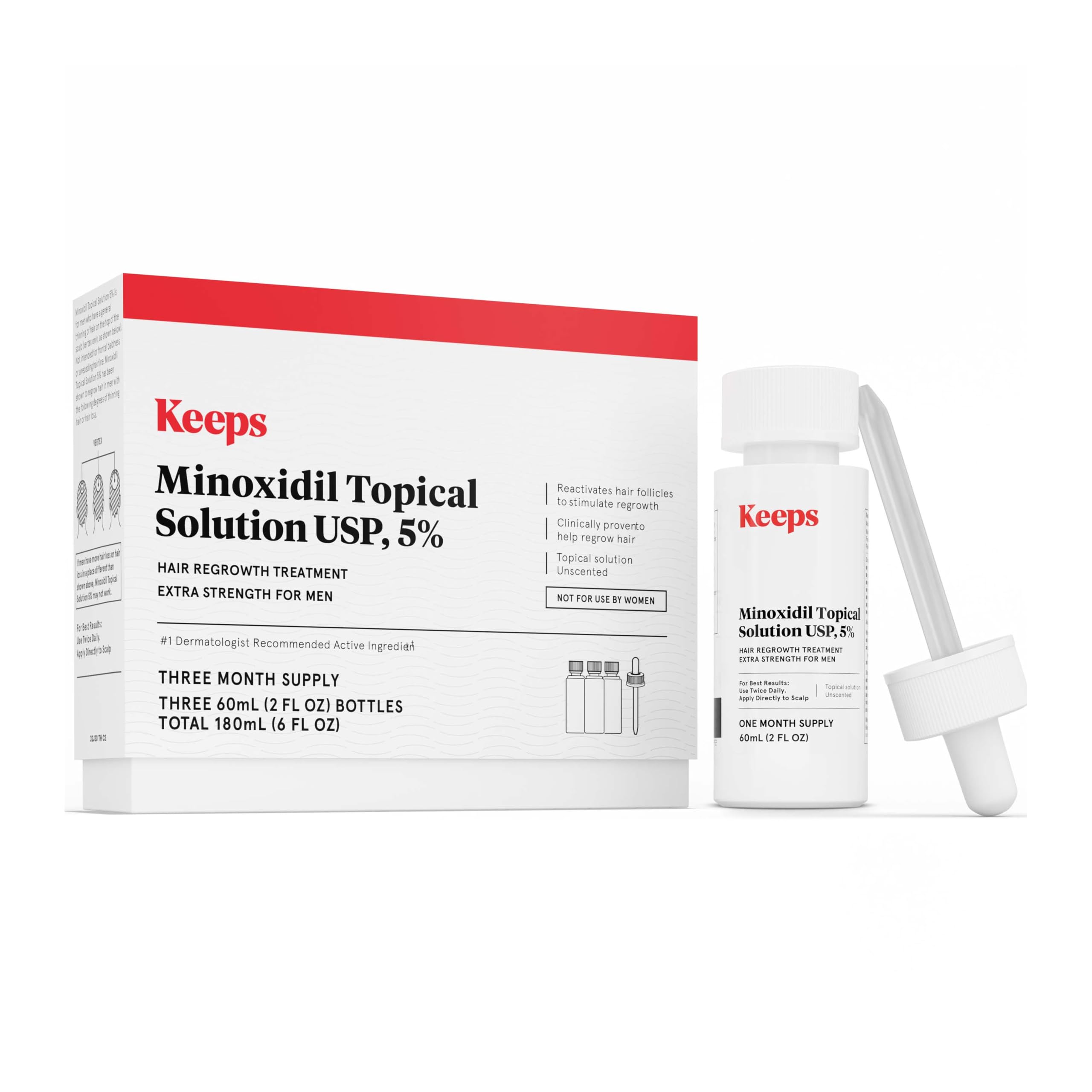 Keeps Minoxidil Solution 5% for Men, 3 Month Supply (3 x 2 fl oz Bottles)