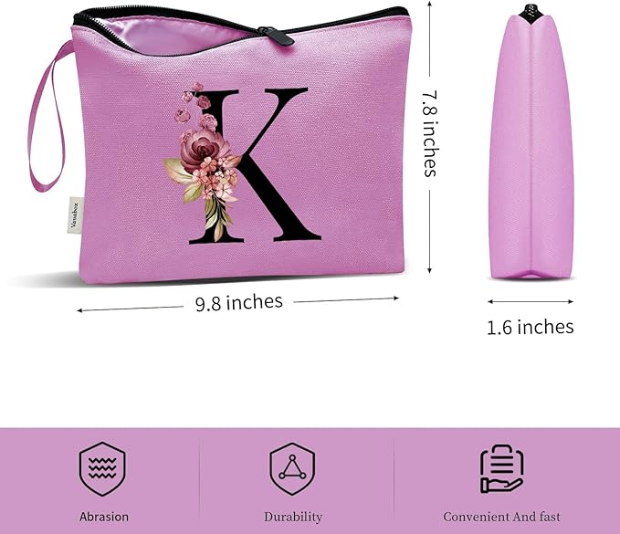 Vavabox A-Z Personalized Makeup Bag, Birthday Gifts for Women Mom, Gifts for Best Friend, Bride Bridesmaid Cosmetic bag (K, 07-Purple)
