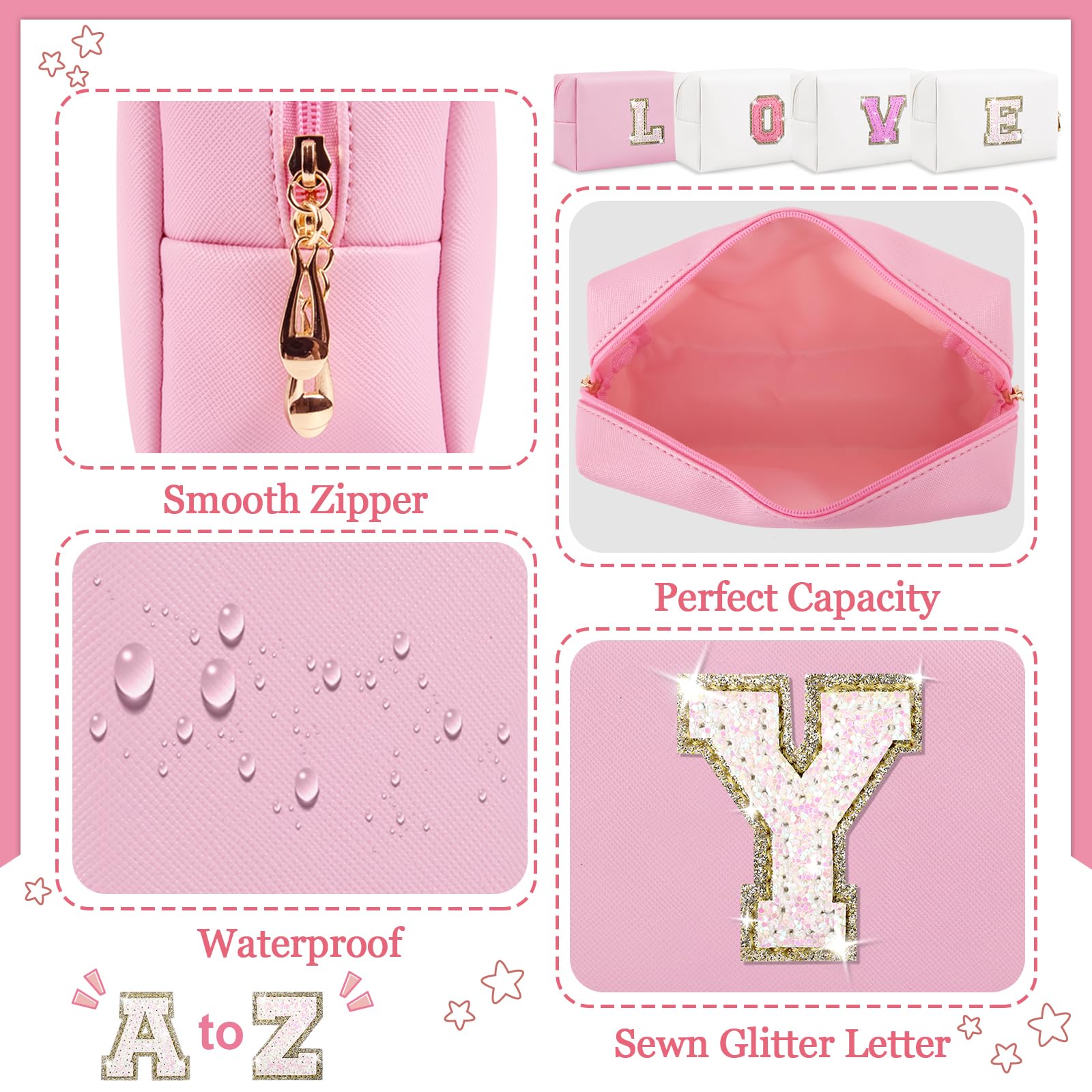 Initial Letter Patch Makeup Bag, Preppy Glitter Letter Pouch Cosmetic Bag,Small PU Travel Toiletry Bag Zipper,Personalized Monogrammed Gift for Friends Sister,Cute Stuff for Women Teen Girls(Letter Y)