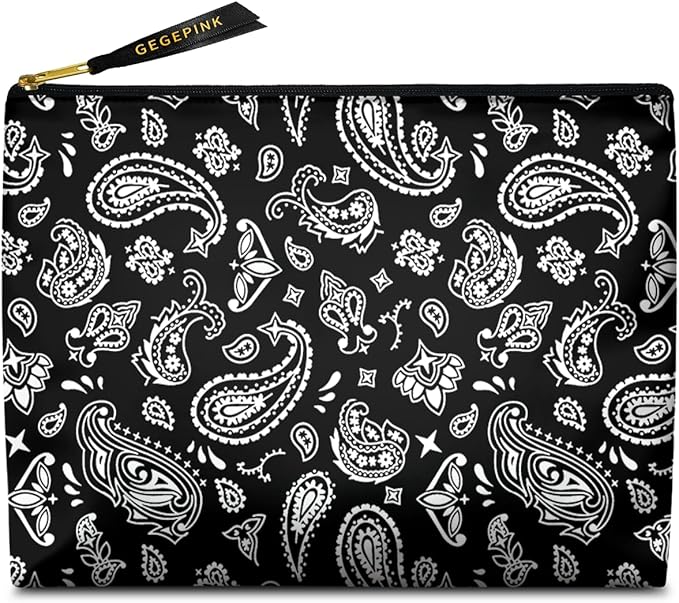 GEGEPINK Cute Makeup Bag for Purse Waterproof Cosmetic Bags for Women Funny Smooth Zipper Travel Toiletry Pouch 10X8 Inches-Paisley Floral-Black Makeup pouch