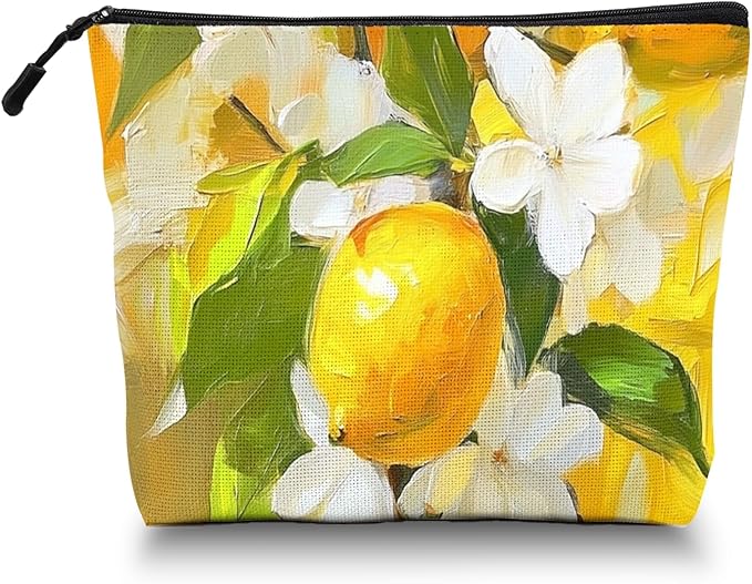 Scribesense Cosmetic Bags Travel Makeup Toilet Case Waterproof Pouch for Women Girls 6.7X9.45inches - Oil Painting of Lemons And White Flowers