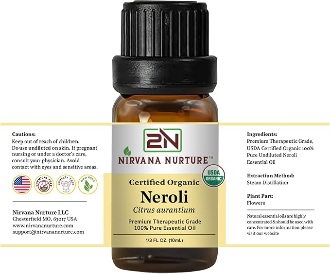 Nirvana Nurture Neroli Essential Oil, USDA Certified Organic, 100% Pure Undiluted, Aromatherapy Oil for Diffuser, Hair & Skin Care