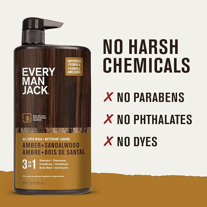 Every Man Jack 3-in-1 All Over Body Wash for Men, Amber Sandalwood, 2pk