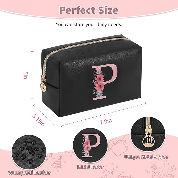 Initial Makeup Bag for Women, Travel Makeup Bag Small Cosmetic Bag, Birthday Gifts for Girls and Women, Teen Girls Gifts Trendy Stuff, Personalized Gifts for Grandkids Teacher Friends Bride Bridesmaid