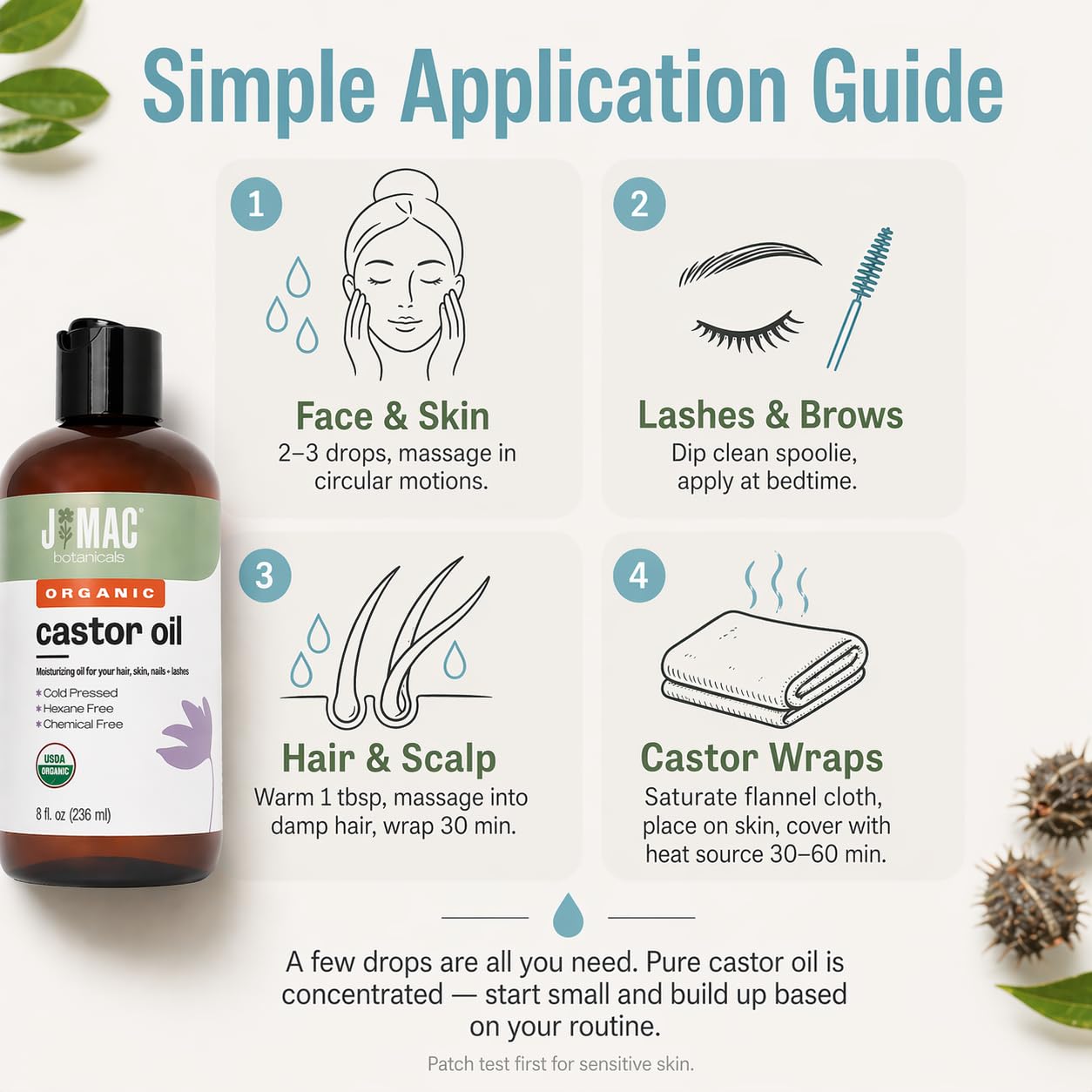J MAC BOTANICALS Organic Castor Oil Cold Pressed in Amber BPA Free Plastic Bottle (32 oz) USDA Certified, Hexane Free - Moisturizing Oil for Hair, Skin, Face, Eyelashes, Brows, Nails, and Castor Wraps