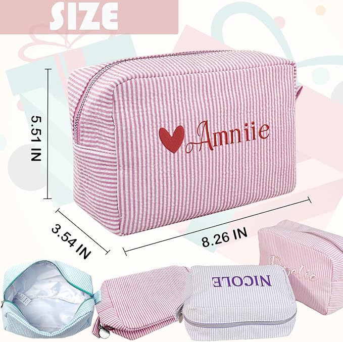 Custom Makeup Bag Personalized Cosmetic Bag Cute Seersucker Travel Toiletry Bag for Women Embroidered Bag Organizer for Bride Makeup Bag Gift Red