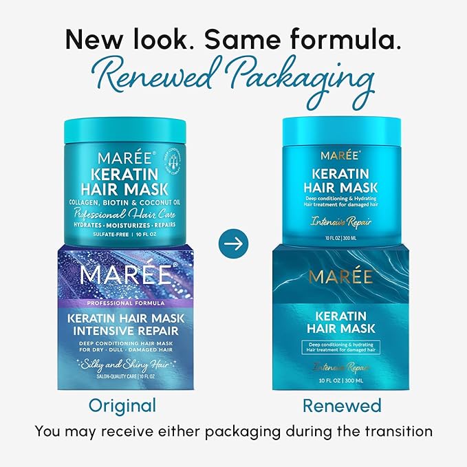MAREE Deep Conditioning Hair Mask for Damaged Hair Treatment – Keratin Hair Care for Hydrating Growth Repair Moisturizing – Dry Curly Color Refreshing – 10 Fl Oz, White