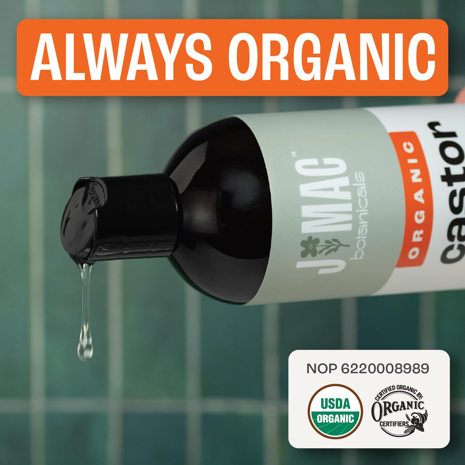 J MAC BOTANICALS Organic Castor Oil Cold Pressed in Amber BPA Free Plastic Bottle (32 oz) USDA Certified, Hexane Free - Moisturizing Oil for Hair, Skin, Face, Eyelashes, Brows, Nails, and Castor Wraps