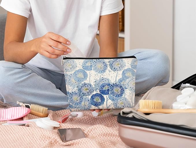 BARPERY Cottagecore Floral Makeup Organizer - Indigo Watercolor Dandelion, Aesthetic Flower Makeup Bag for Women & Girls