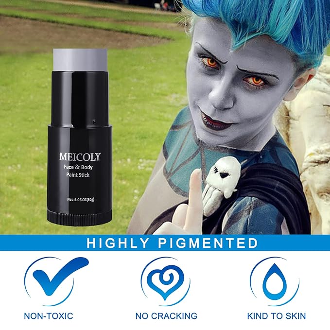 MEICOLY Grey Face Body Paint Stick(1.06 Oz),Sweatproof Waterproof Full Body Paint,Blendable Face Paint for Halloween SFX Zombie Homestuck Grayscale Cosplay Makeup