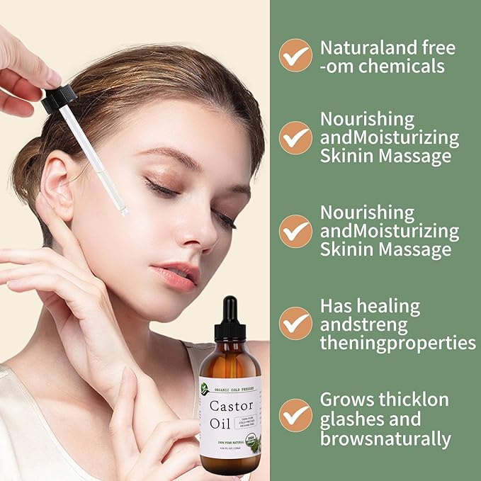 MAYLINK Castor Oil Organic Cold Pressed Unrefined Glass Bottle-Organic Certified 100% Pure Hexane Free,Organic Castor Oil for Face,Hair Growth,Eyelashes,Caster 4.23fl.oz/120ml