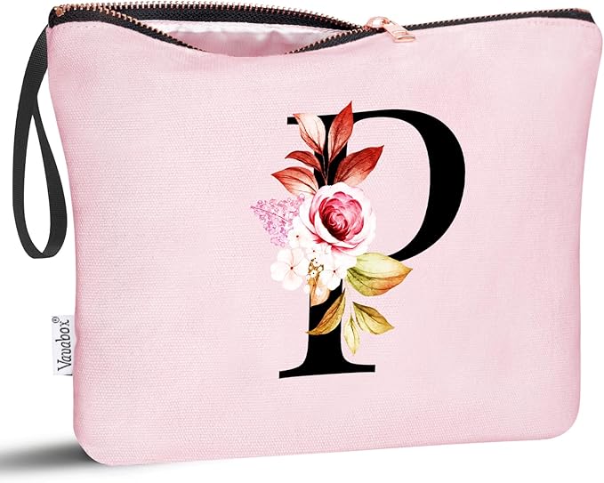 Vavabox A-Z Personalized Makeup Bag, Birthday Gifts for Women Mom, Gifts for Best Friend, Bride Bridesmaid Cosmetic bag (P, 06-Pink)