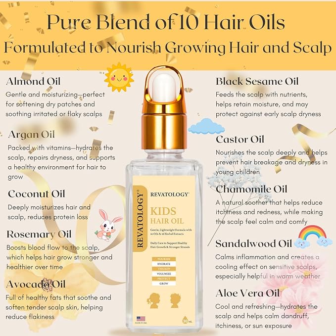 REVATOLOGY Kids Hair Growth Oil for Toddlers and Babies, 26 Botanicals Scalp Treatment with Rosemary, Castor and Amla, for Curly Wavy Textured Hair, Dry Itchy Scalp, Made in USA